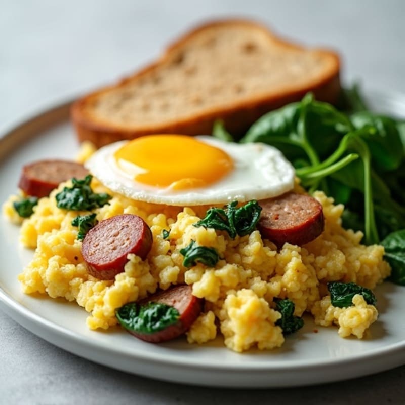 Cottage Cheese Scramble with Turkey Sausage and Spinach