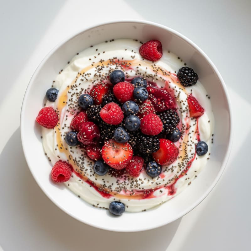 Greek Yogurt Protein Parfait with Mixed Berries and Chia Seeds