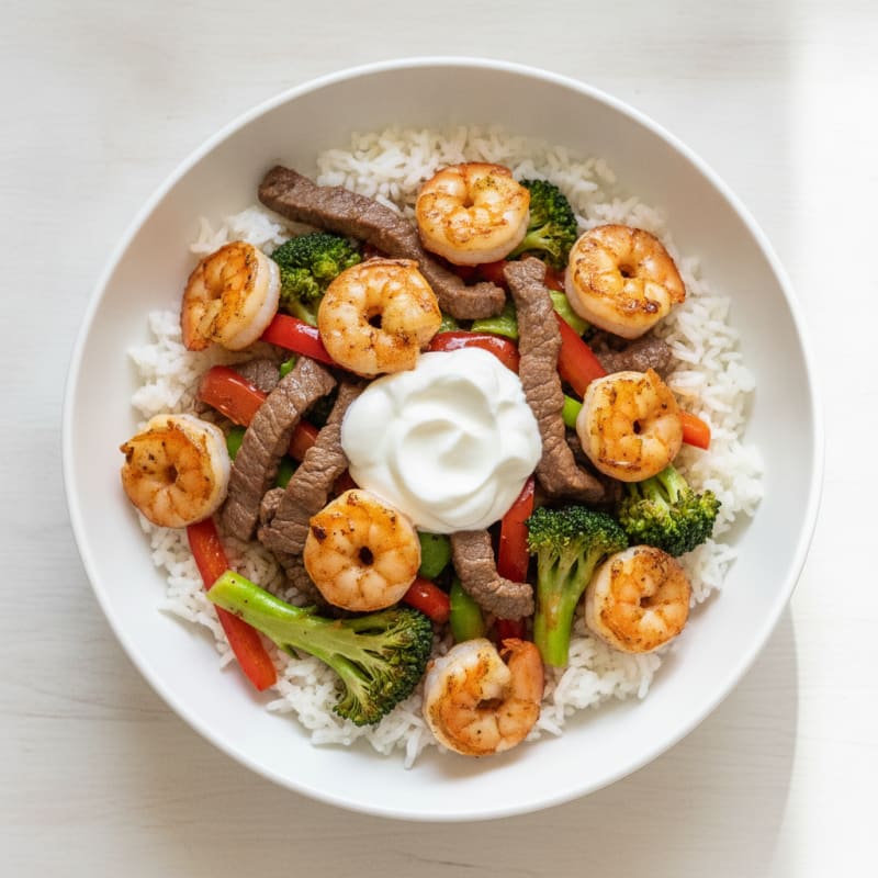 Seared Shrimp and Beef Stir-Fry with Steamed Rice