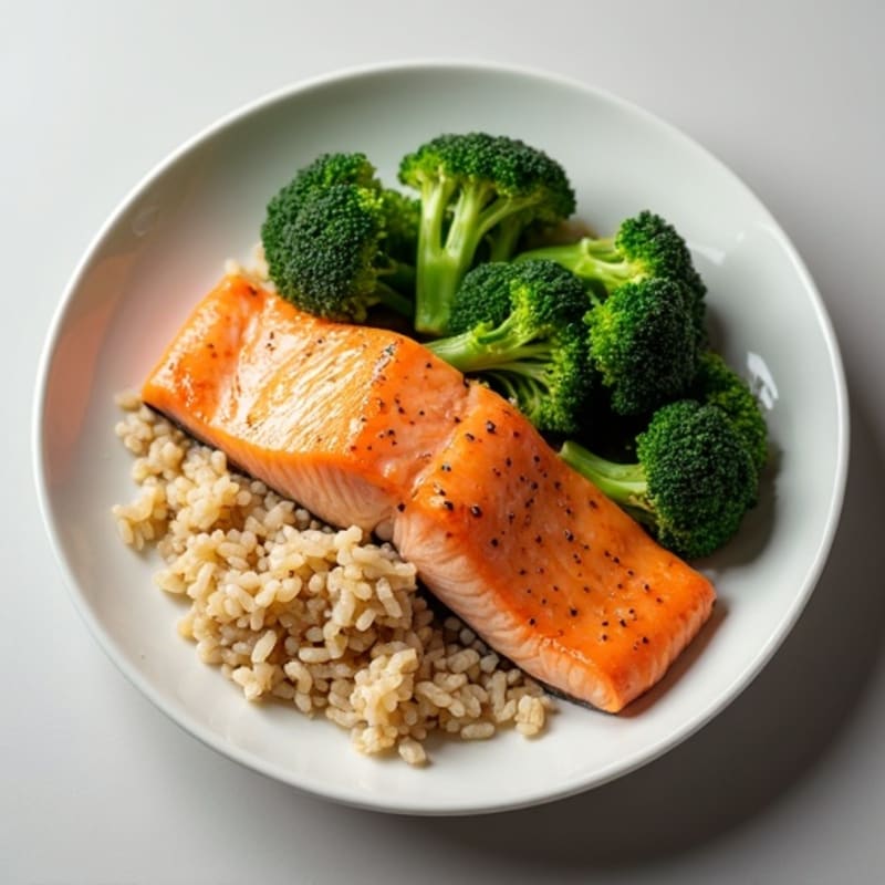 Seared Salmon with Steamed Broccoli and Brown Rice