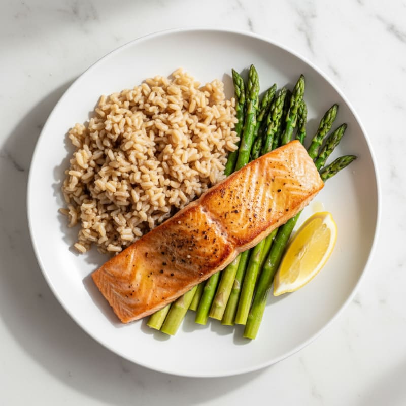 Seared Salmon with Steamed Asparagus and Brown Rice