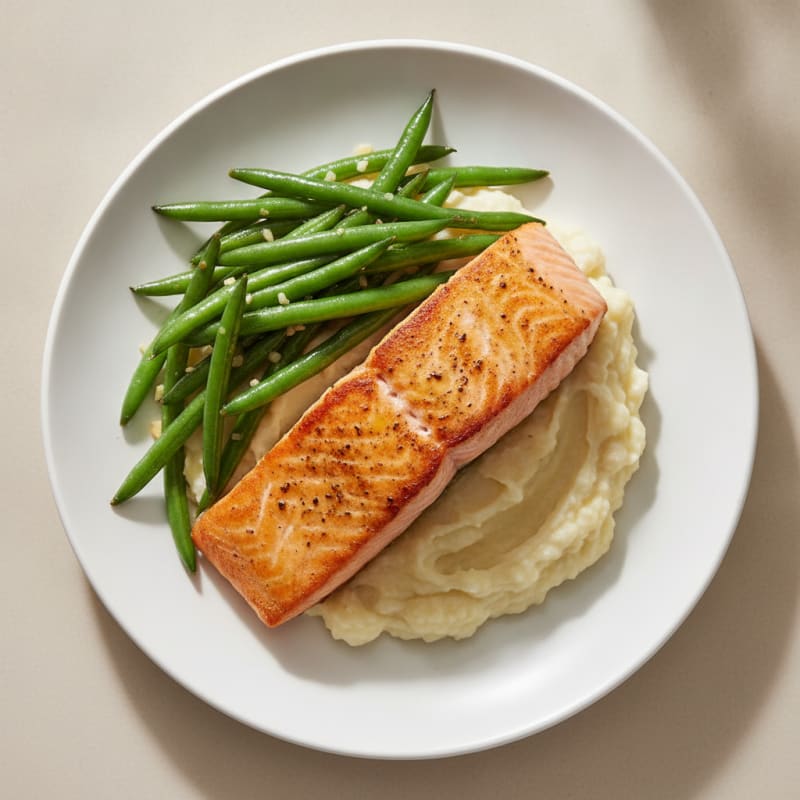 Seared Salmon with Garlic Green Beans and Mashed Cauliflower