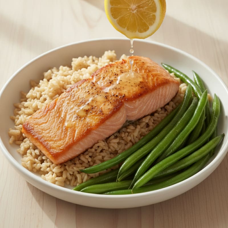 Seared Salmon with Steamed Green Beans and Brown Rice