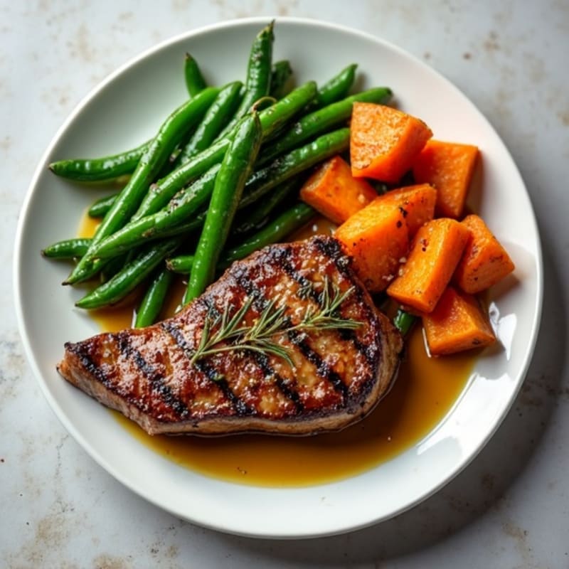 Grilled Steak with Garlic Green Beans and Herb-Roasted Sweet Potatoes
