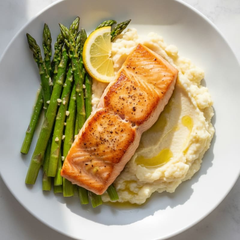 Seared Salmon Fillet with Roasted Asparagus and Cauliflower Mash