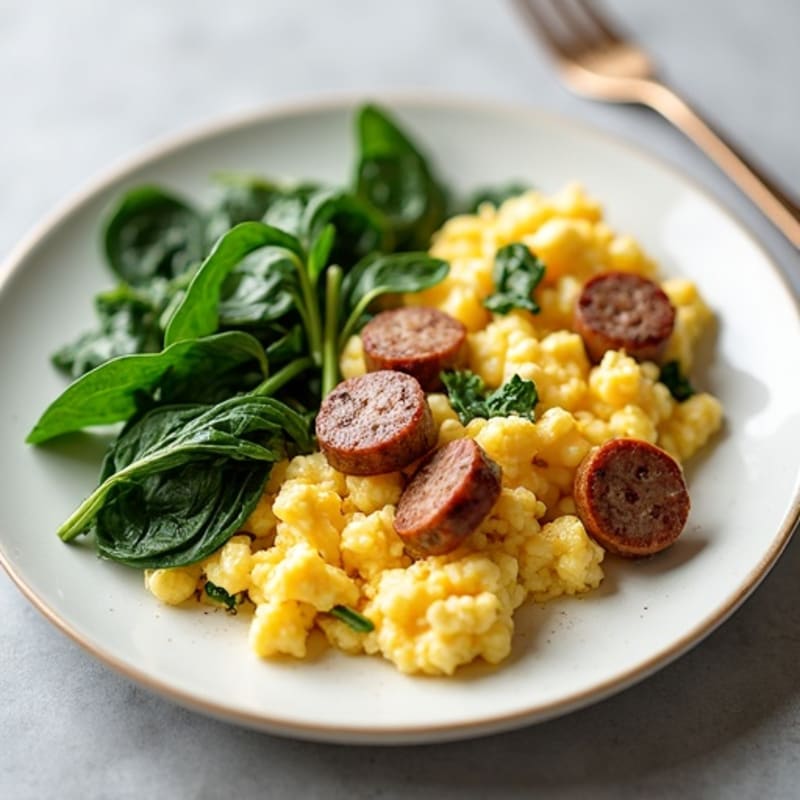 Egg White Scramble with Turkey Sausage and Sautéed Spinach