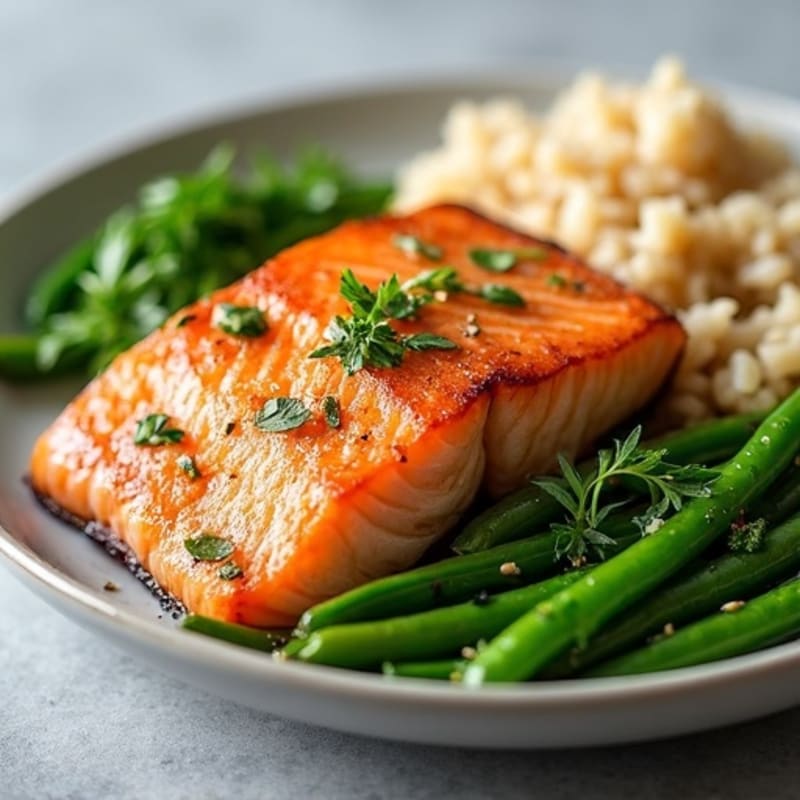 Seared Salmon Fillet with Garlic Green Beans and Brown Rice
