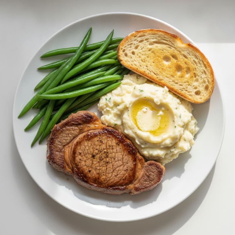 Seared Sirloin Steak with Garlic Mashed Potatoes and Steamed Green Beans