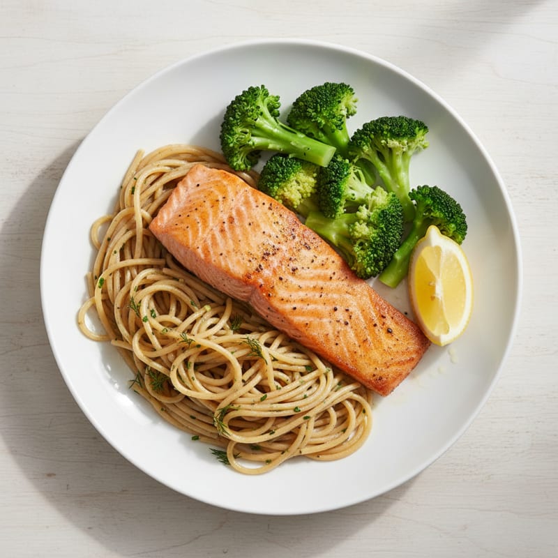 Seared Salmon with Garlic Herb Pasta and Steamed Broccoli