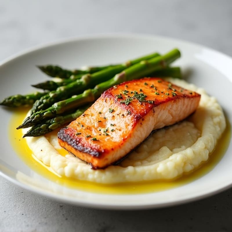 Seared Salmon Fillet with Roasted Asparagus and Cauliflower Mash