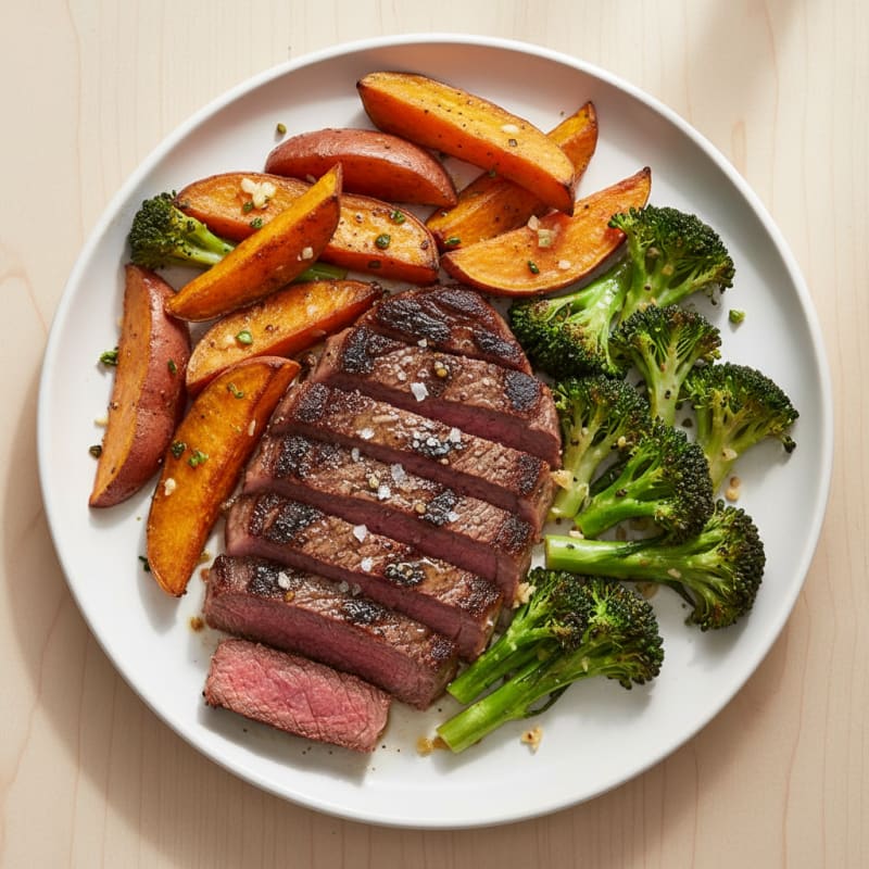Grilled Beef Steak with Roasted Sweet Potato and Broccoli