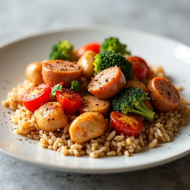 Spicy Chicken and Lean Sausage with Brown Rice and Vegetables