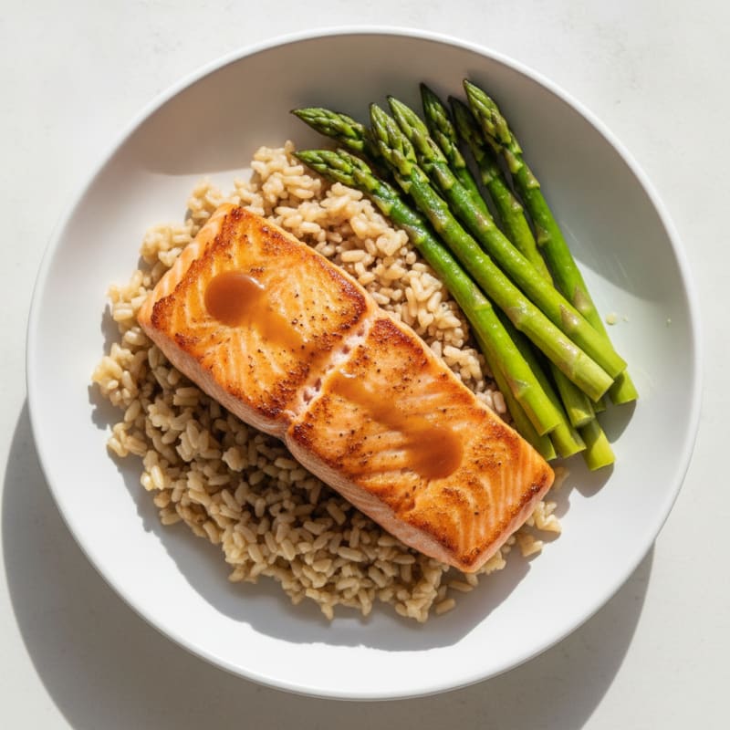 Seared Salmon with Steamed Asparagus and Brown Rice