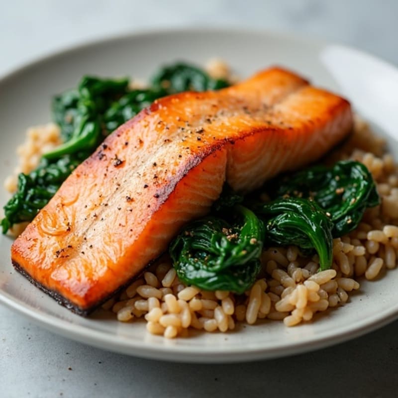 Seared Salmon with Brown Rice and Sautéed Spinach