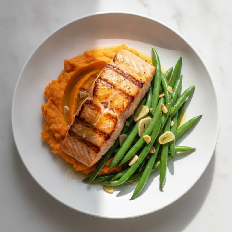 Grilled Salmon Fillet with Garlic Green Beans and Sweet Potato Mash