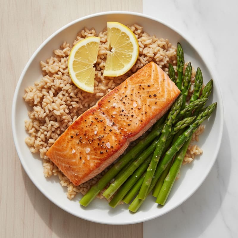 Seared Salmon with Steamed Asparagus and Brown Rice