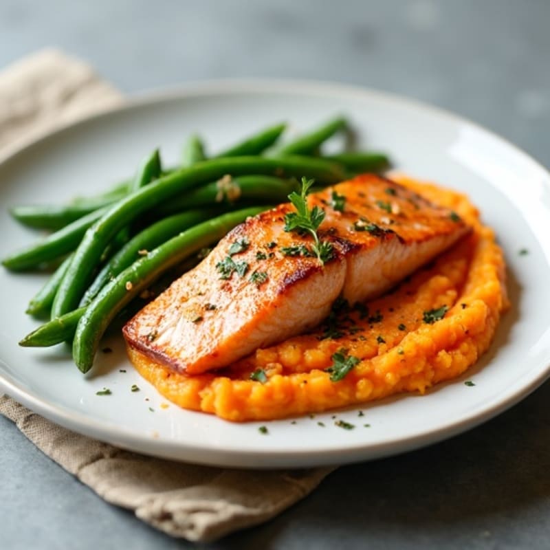 Seared Salmon with Garlic Green Beans and Sweet Potato Mash