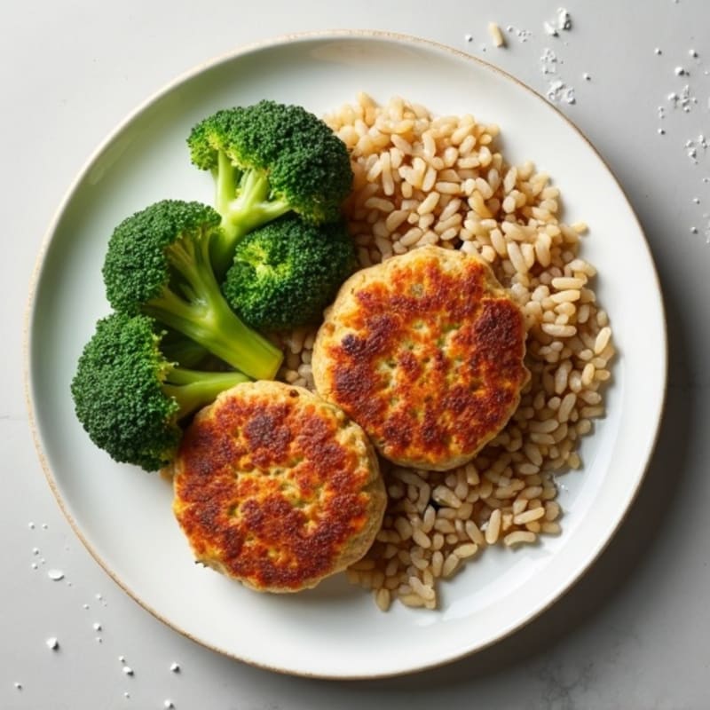 Seared Turkey Patties with Steamed Broccoli and Brown Rice