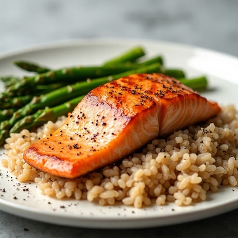 Seared Salmon Fillet with Steamed Asparagus and Brown Rice