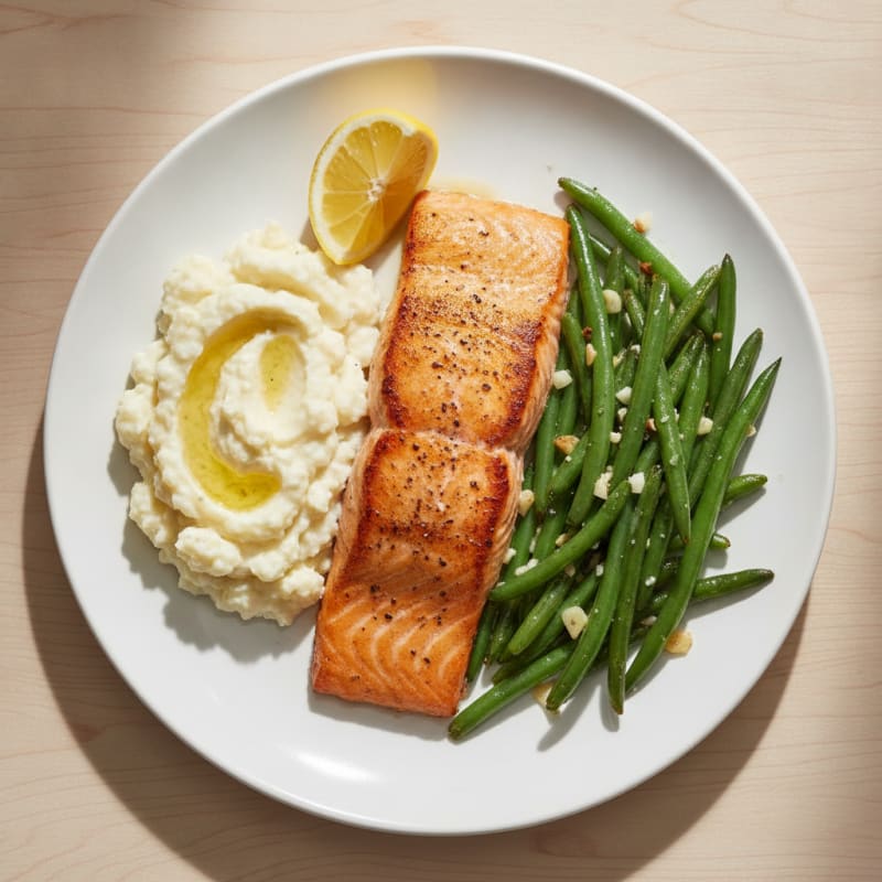Seared Salmon Fillet with Garlic Green Beans and Mashed Cauliflower