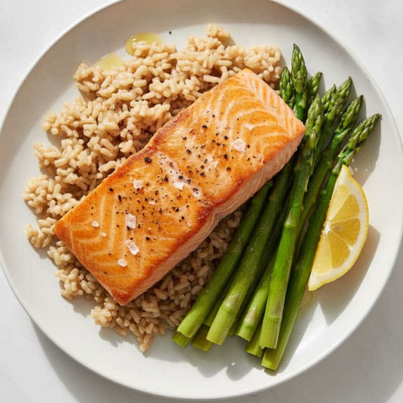 Seared Salmon with Steamed Asparagus and Brown Rice