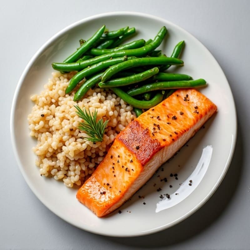 Seared Salmon with Garlic Green Beans and Brown Rice