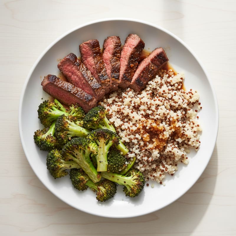 Seared Lean Beef Strips with Roasted Broccoli and Quinoa