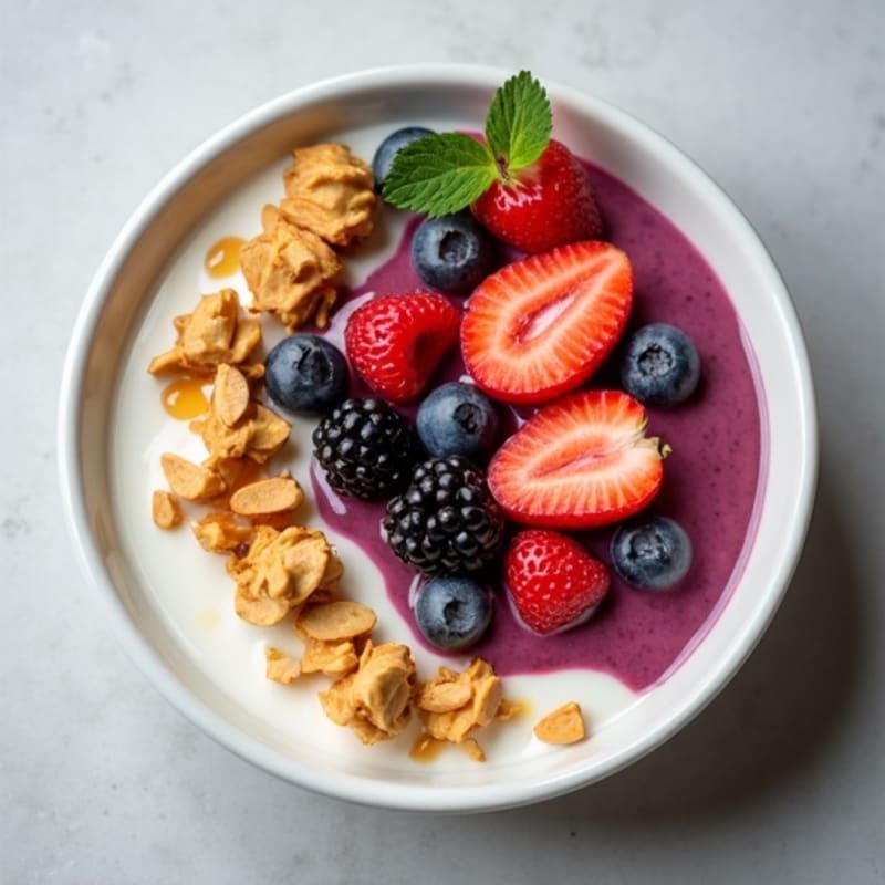 Creamy Greek Yogurt Bowl with Protein Powder, Mixed Berries, and Almond Butter