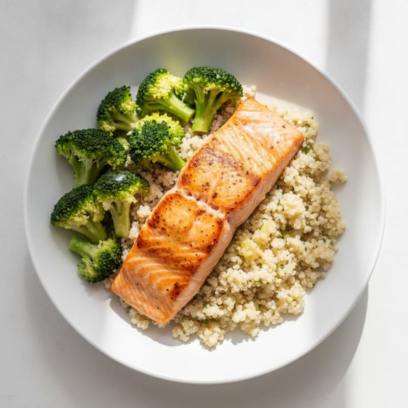 Seared Salmon Fillet with Steamed Broccoli and Quinoa