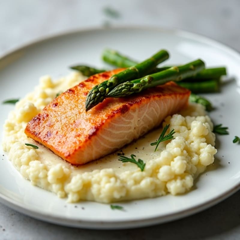 Seared Salmon Fillet with Steamed Asparagus and Cauliflower Mash