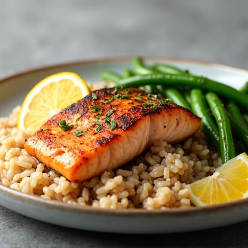 Seared Salmon Filet with Garlic Green Beans and Brown Rice