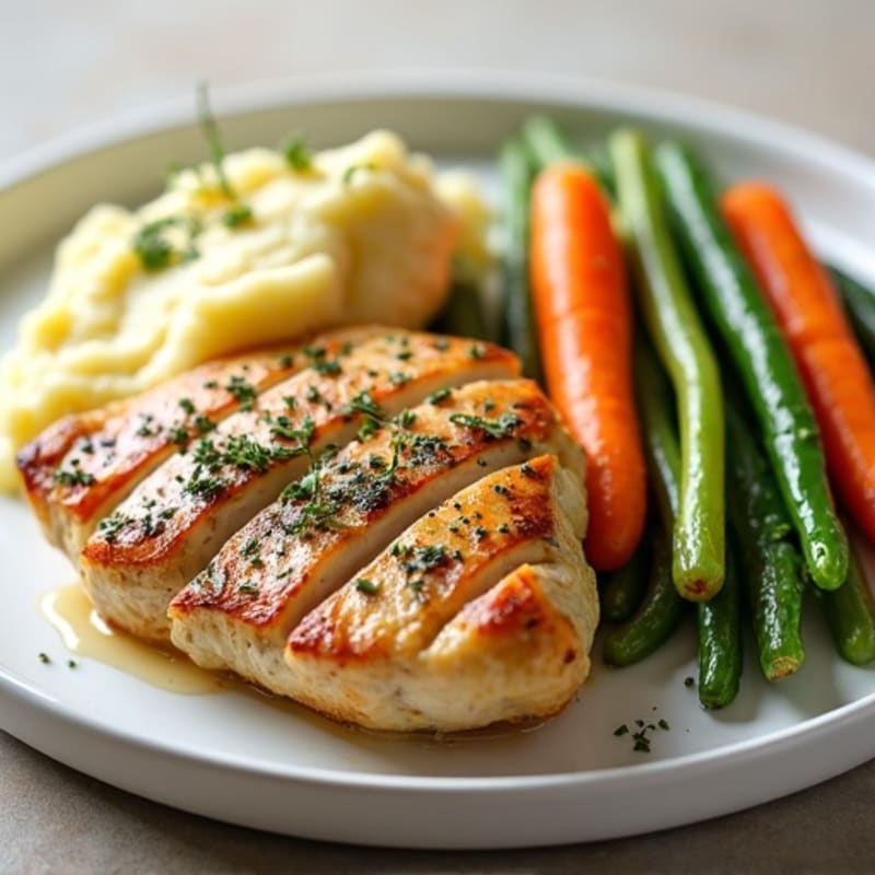 Herb-Roasted Chicken Breast with Garlic Mashed Potatoes and Steamed Vegetables
