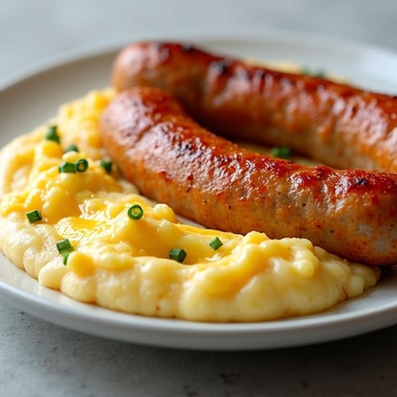 Crispy Sausage, Scrambled Eggs, and Creamy Grits
