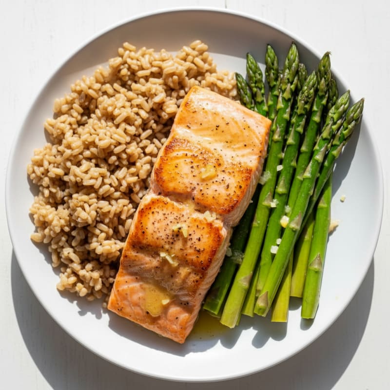 Seared Salmon with Steamed Asparagus and Brown Rice