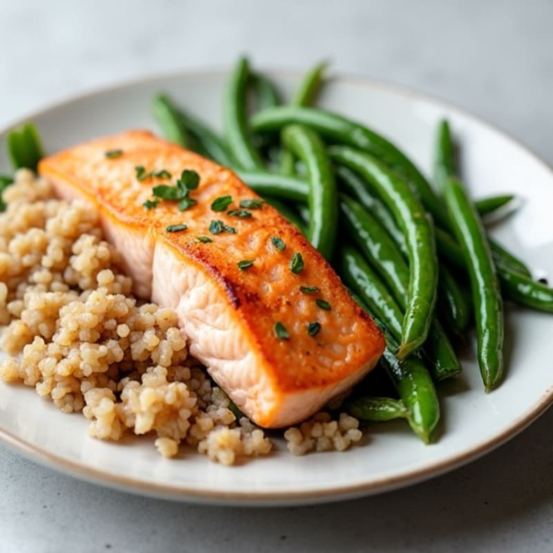 Seared Salmon Fillet with Garlic Green Beans and Brown Rice