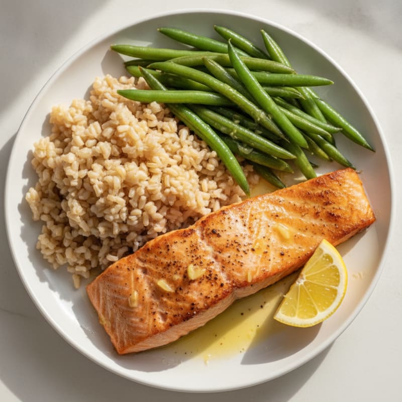 Seared Salmon Fillet with Steamed Green Beans and Brown Rice
