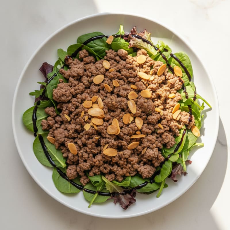 Ground Beef Salad with Crunchy Almonds and Mixed Greens