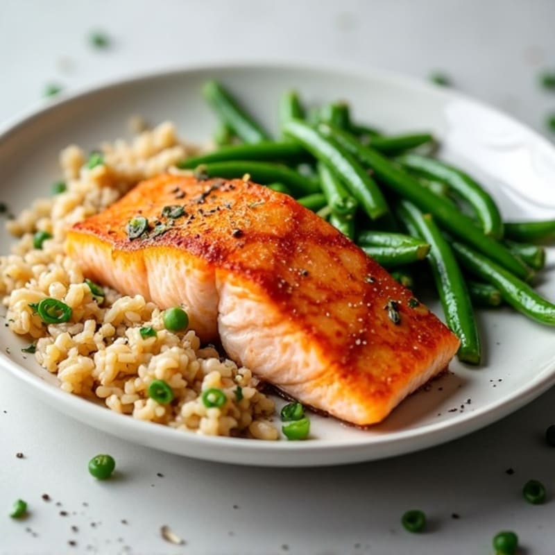 Pan Seared Salmon with Garlic Green Beans and Brown Rice