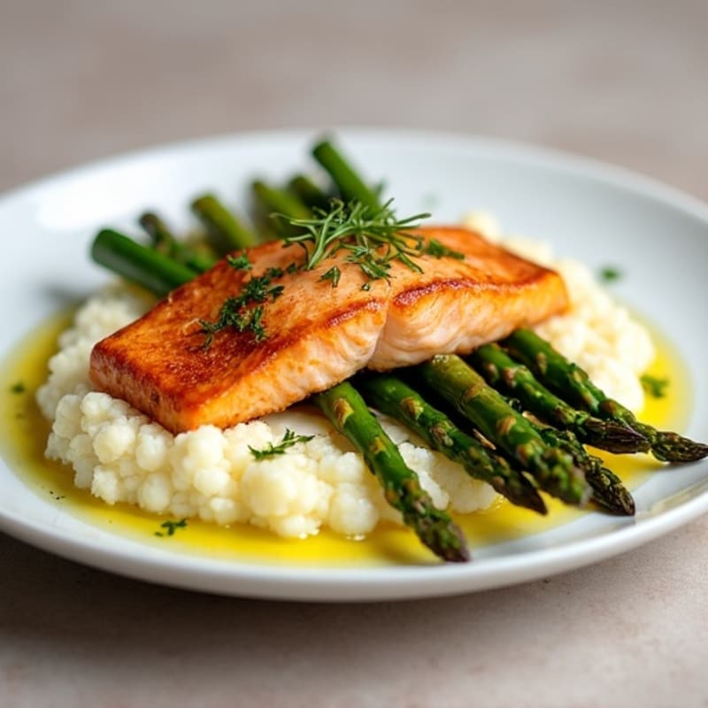 Seared Salmon Fillet with Roasted Asparagus and Cauliflower Mash