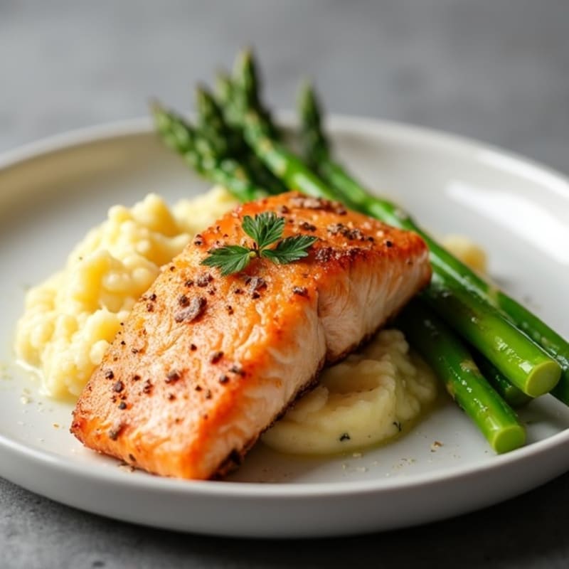 Crispy Baked Salmon with Buttery Garlic Mashed Potatoes and Fresh Asparagus
