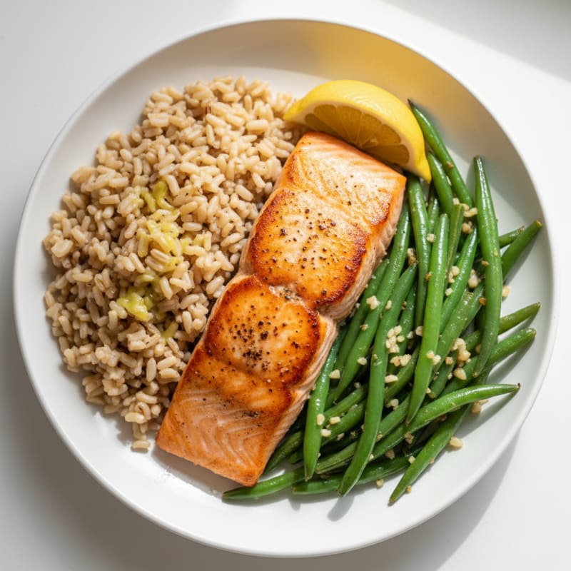 Seared Salmon with Garlic Green Beans and Brown Rice