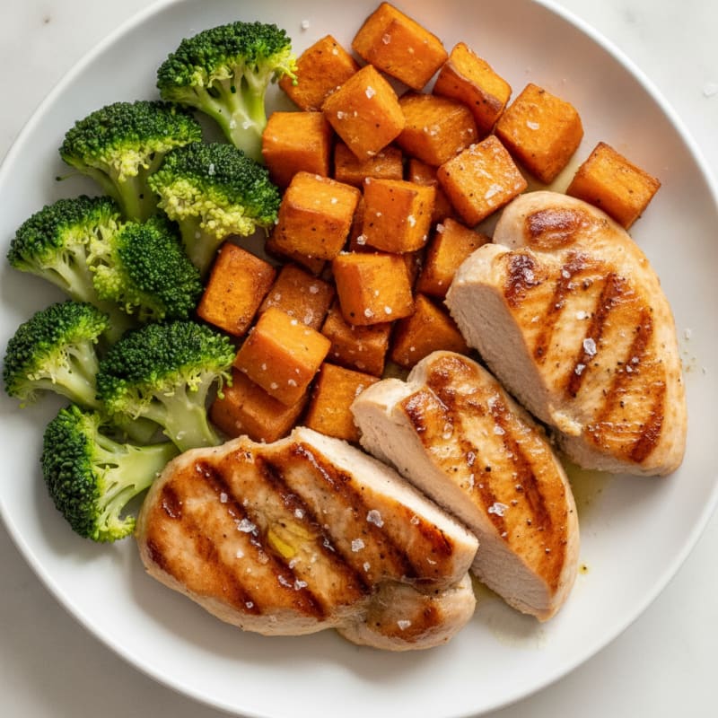 Seared Turkey Cutlets with Roasted Sweet Potato and Steamed Broccoli