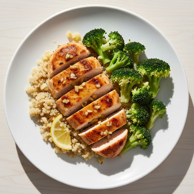 Grilled Lemon-Garlic Chicken Breast with Quinoa and Steamed Broccoli