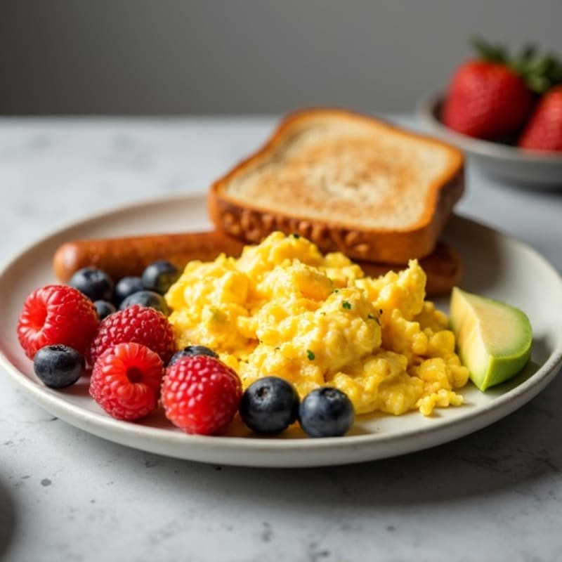Creamy Scrambled Eggs with Turkey Sausage and Fresh Berries