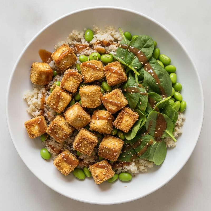 Crispy Tofu and Edamame Power Bowl with Quinoa