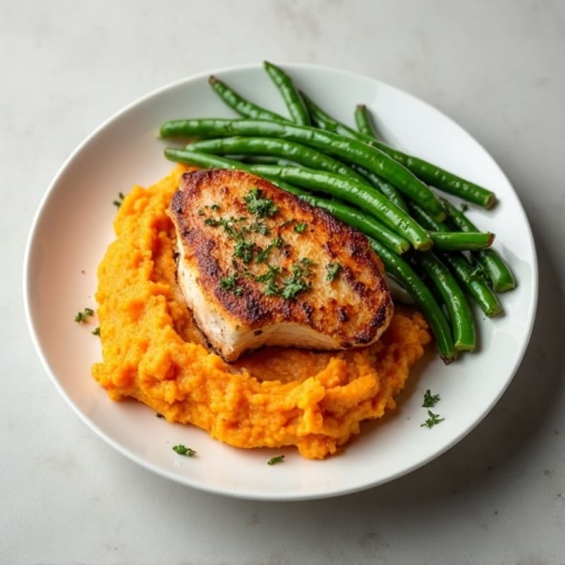 Seared Turkey Breast with Steamed Green Beans and Sweet Potato Mash