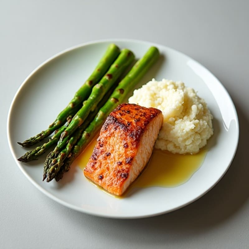 Seared Salmon with Roasted Asparagus and Cauliflower Mash