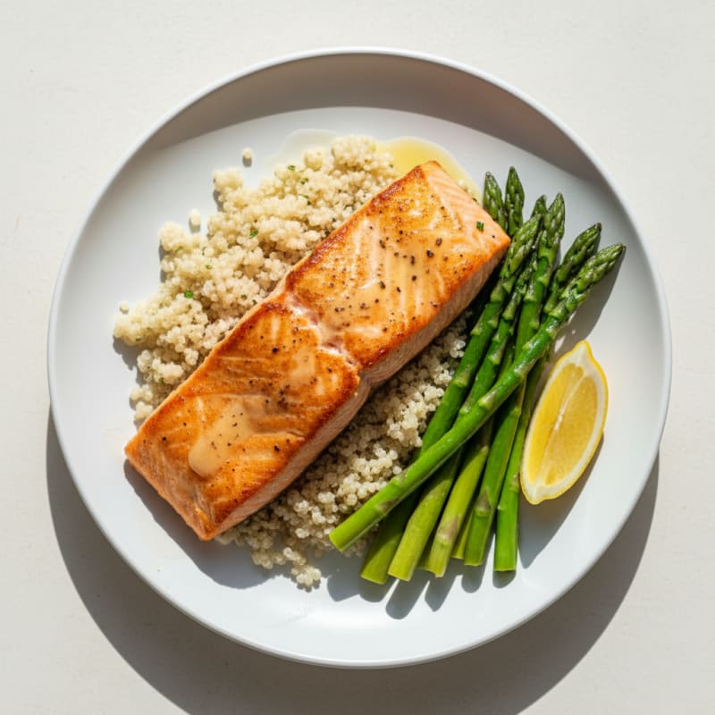 Seared Salmon Fillet with Steamed Asparagus and Quinoa