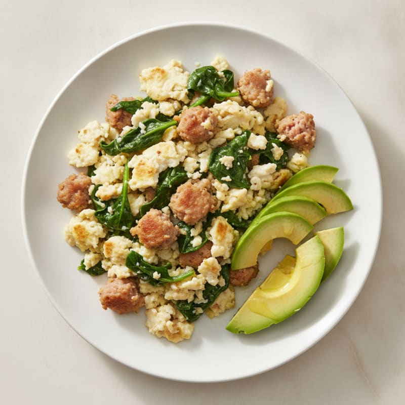 Scrambled Egg Whites with Turkey Sausage and Sautéed Spinach