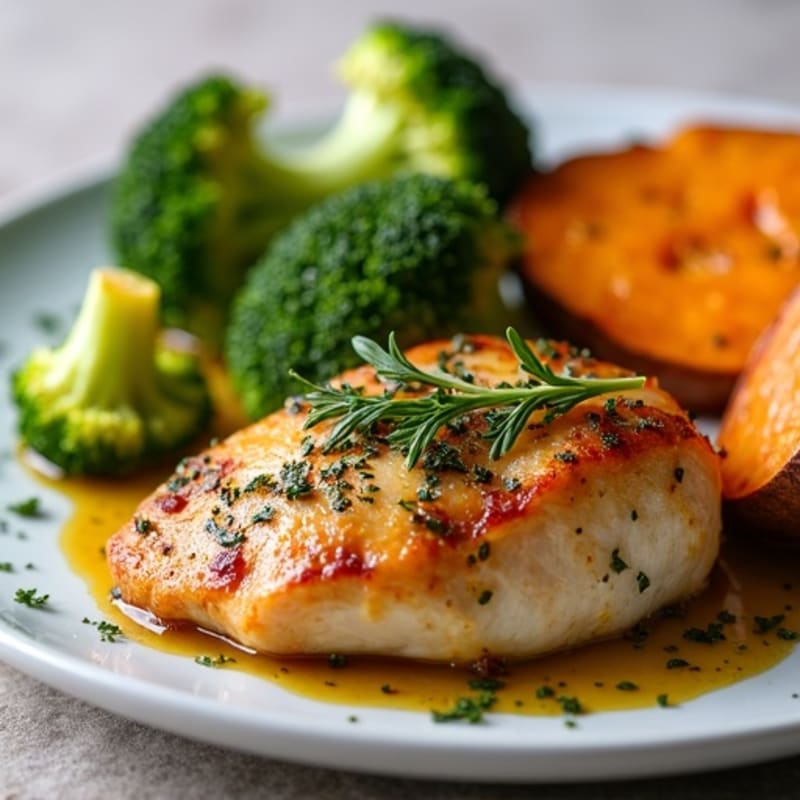 Herb-Roasted Chicken with Crispy Broccoli and Sweet Potato